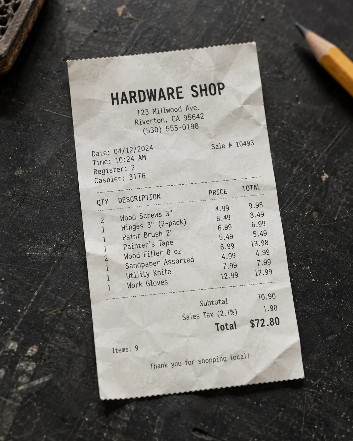 Illustrative hardware-shop receipt showing a total of $72.80